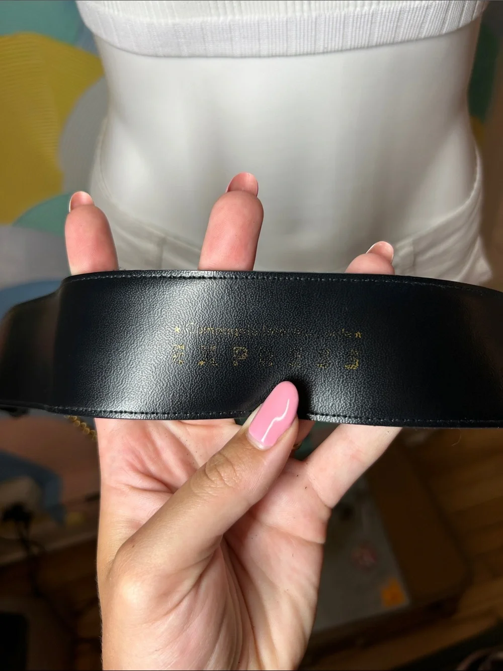 Vintage 1990s Black Leather Waist Belt with Gold Chain Accent Genuine Leather